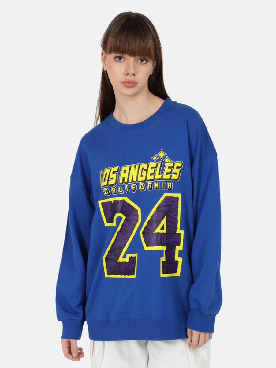 Sweatshirts | Bene Kleed Women Royal Blue Varsity Print Medium Length Oversized Sweatshirt