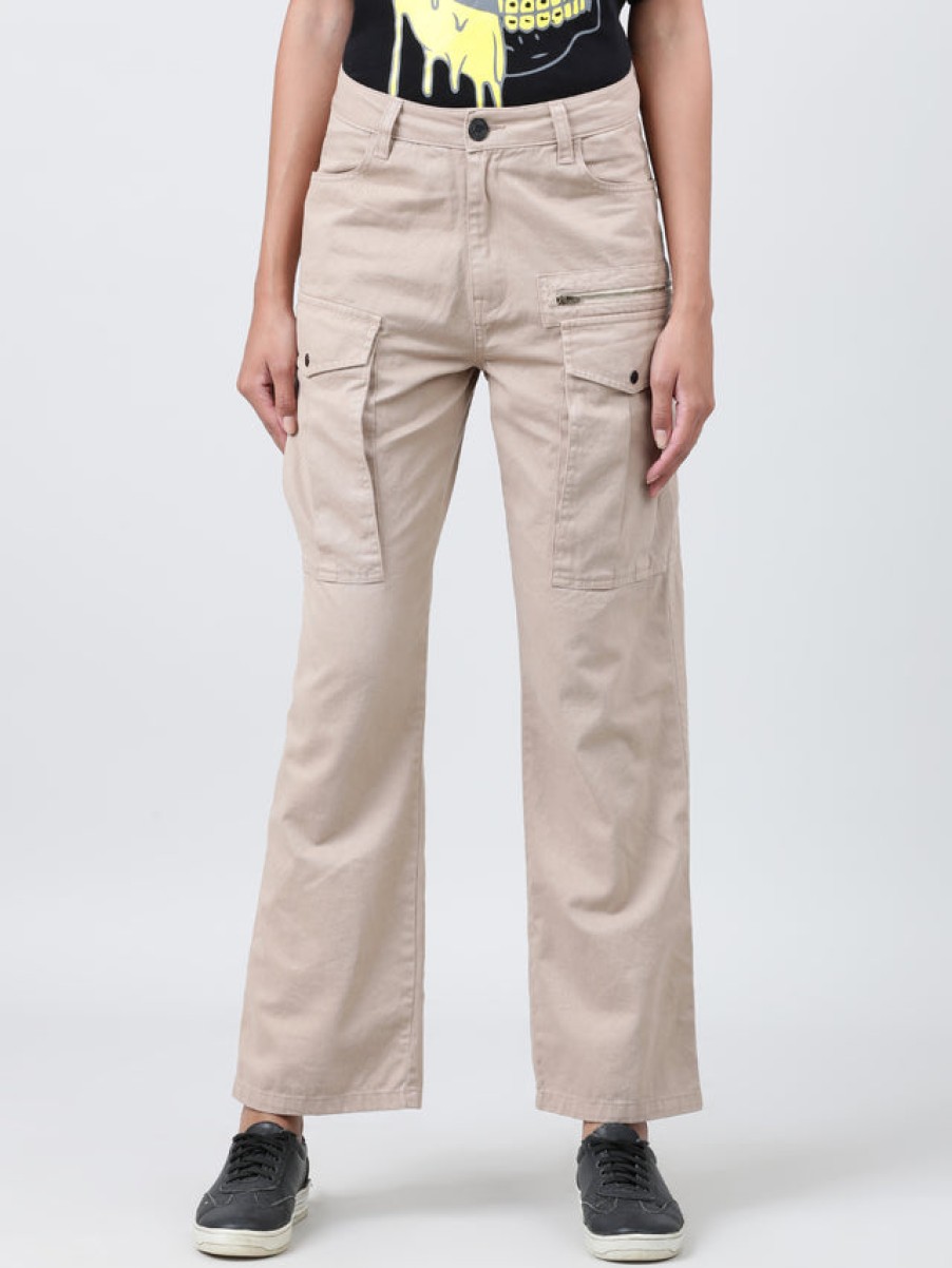 Cargos & Joggers | Bene Kleed Women Ivory Beige Straight Fit Solid Cargo Trousers With Zipper Detail