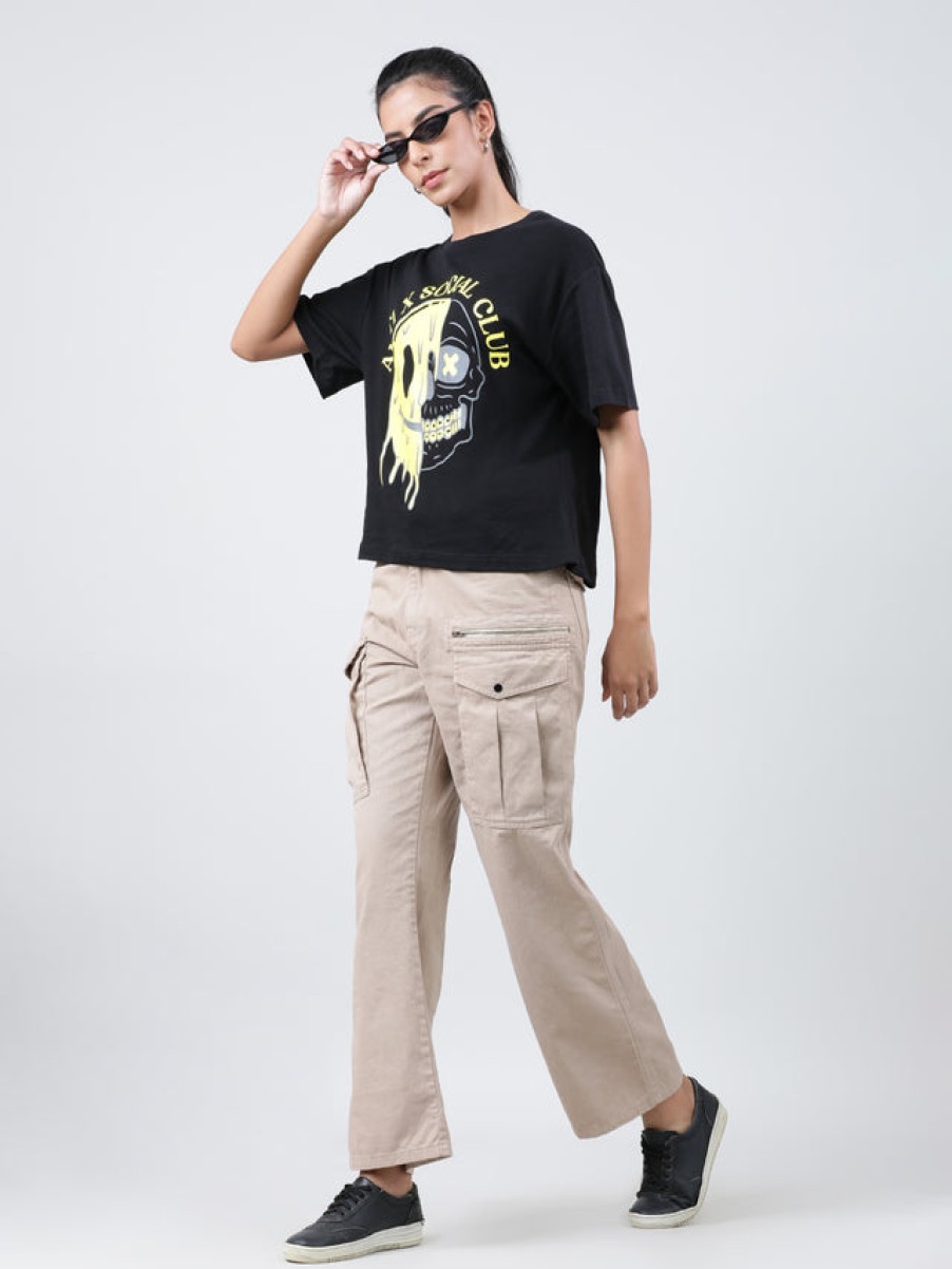 Cargos & Joggers | Bene Kleed Women Ivory Beige Straight Fit Solid Cargo Trousers With Zipper Detail