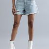 Shorts | Bene Kleed Women Blue Regular Fit Ripped Denim Shorts With Fringe