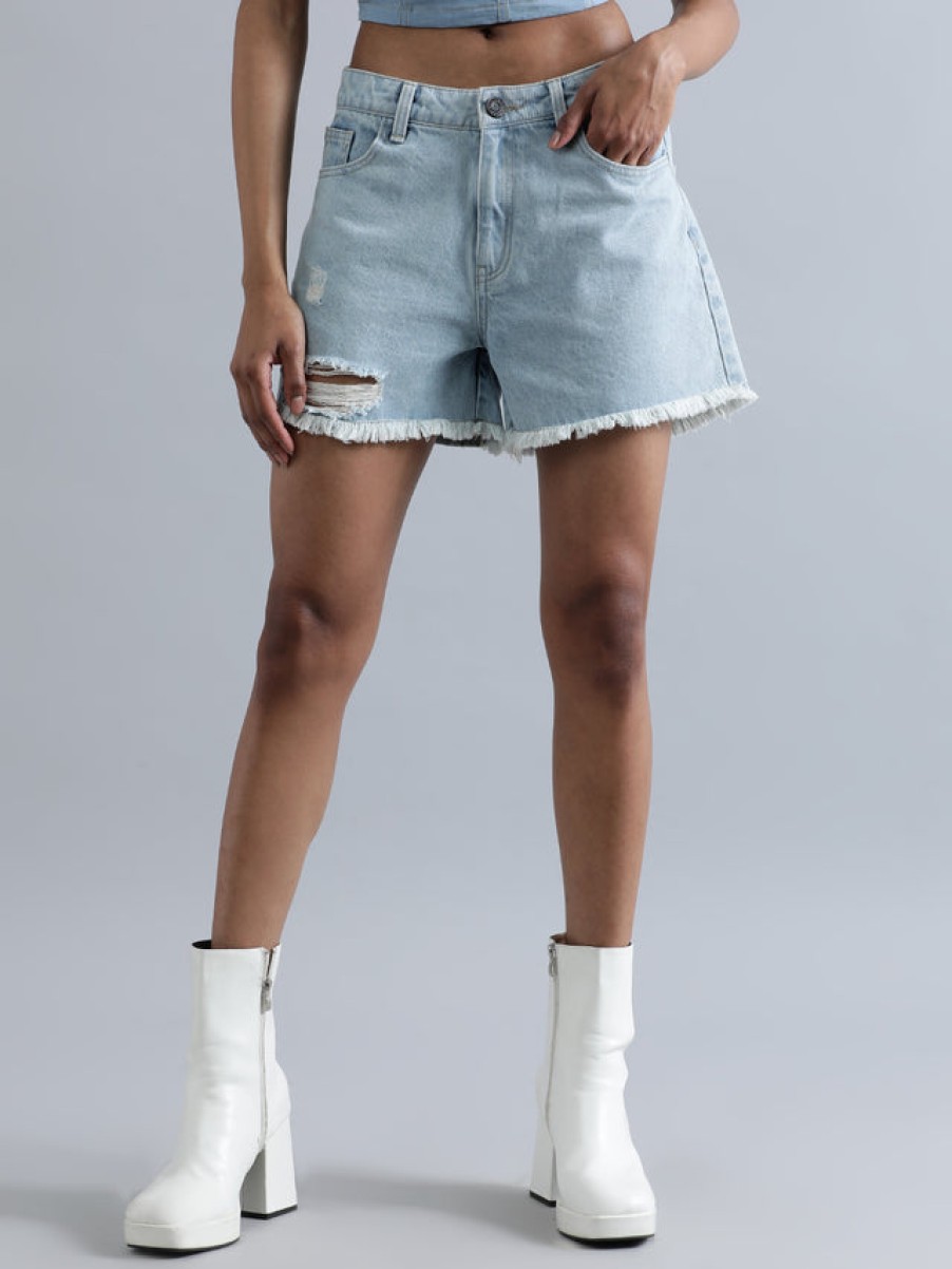 Shorts | Bene Kleed Women Blue Regular Fit Ripped Denim Shorts With Fringe