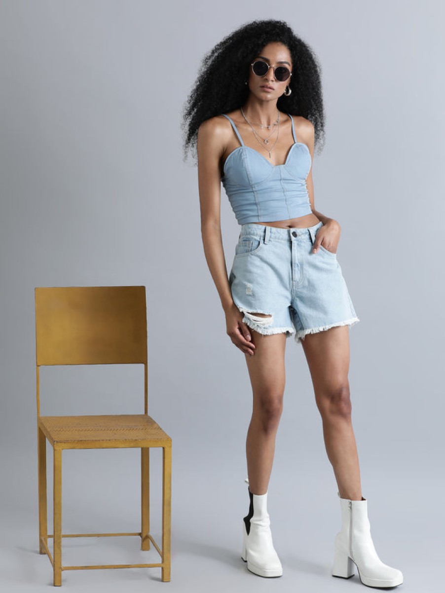 Shorts | Bene Kleed Women Blue Regular Fit Ripped Denim Shorts With Fringe