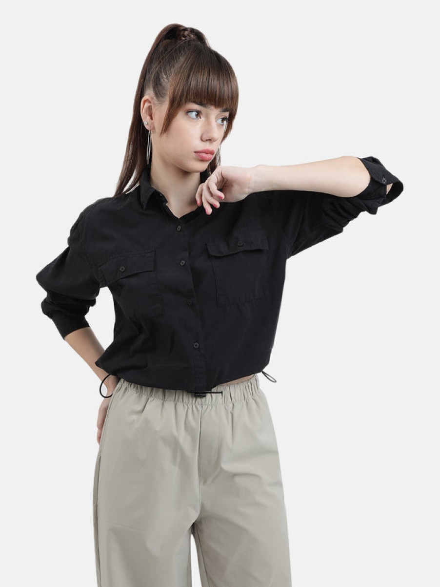 Casual Shirts | Bene Kleed Women Black Boxy Fit Overdyed Solid Casual Shirt With Elasticated Bott