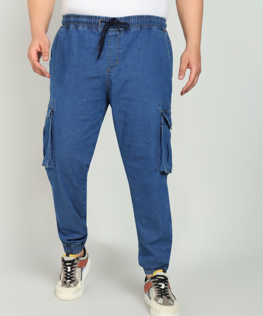 Jeans | IVOC Plus Men Mid Blue Regular Fit Solid Strechable Cargo Jogger Jeans