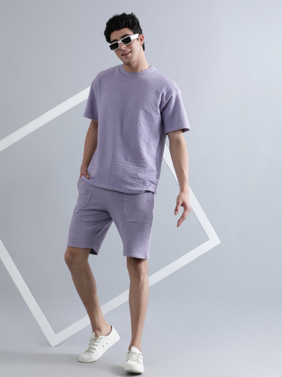 Co-Ords Sets | Bene Kleed Men Lilac Regular Fit Solid Seersucker Knitted Co-Ord Set