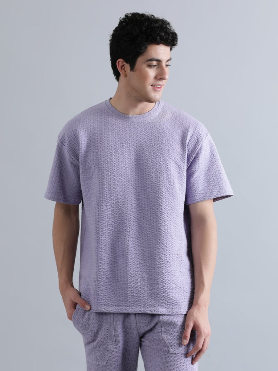 Co-Ords Sets | Bene Kleed Men Lilac Regular Fit Solid Seersucker Knitted Co-Ord Set