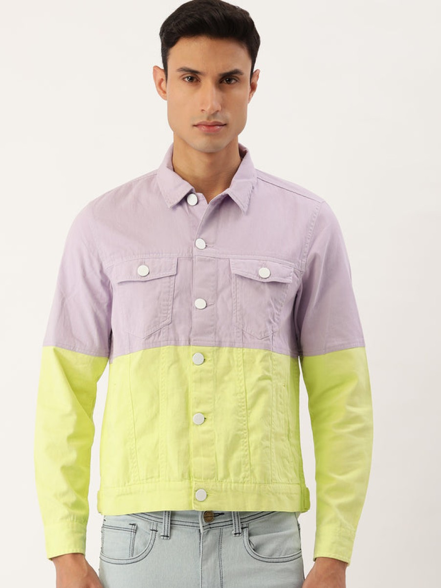 Jackets | Bene Kleed Men Pastel Lilac/Neon Yellow Slim Fit Colour Block Jacket