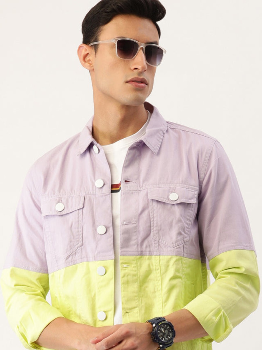 Jackets | Bene Kleed Men Pastel Lilac/Neon Yellow Slim Fit Colour Block Jacket