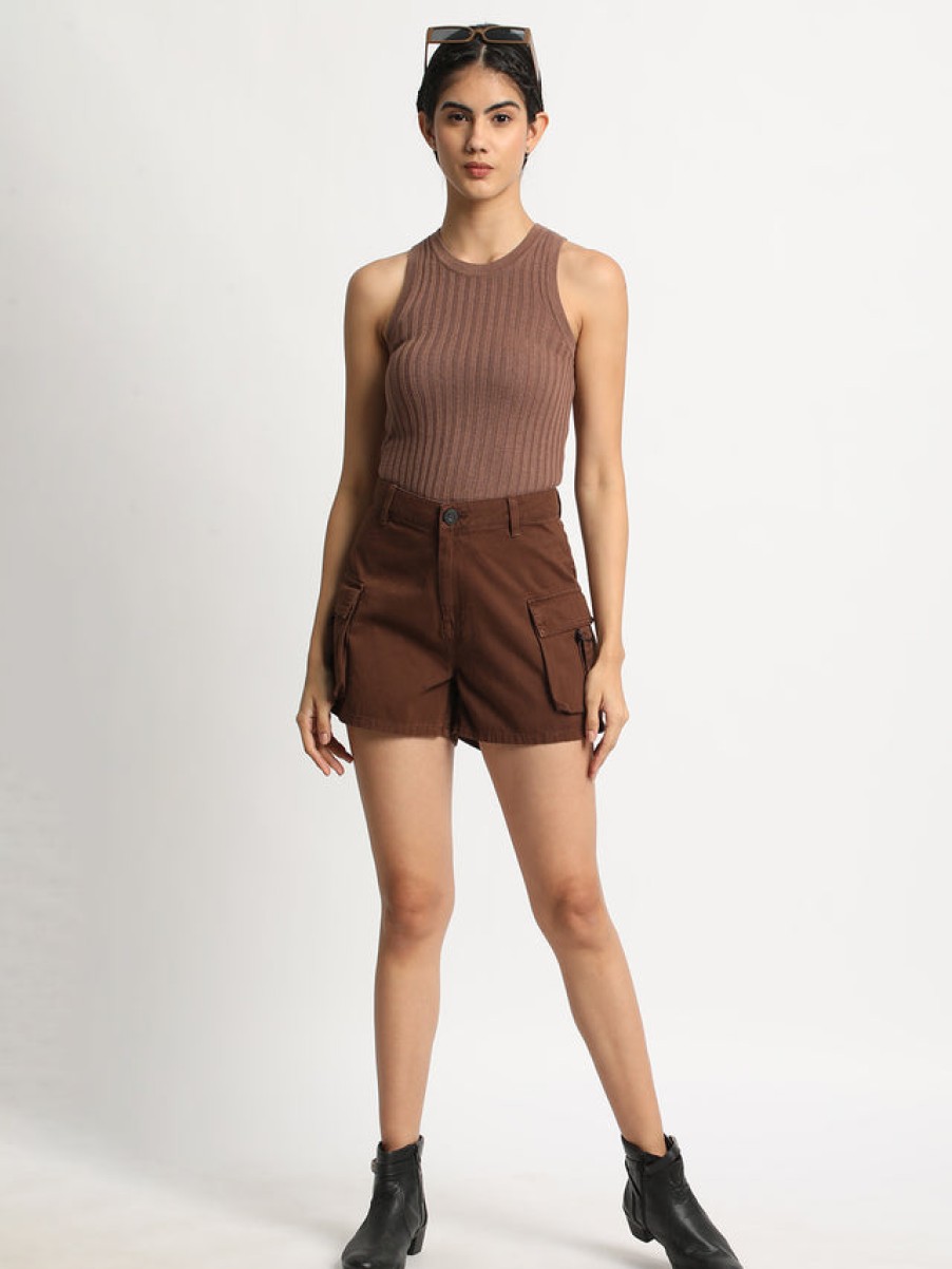 Shorts | Bene Kleed Women Chocolate Brown High Rise Solid Cargo Shorts