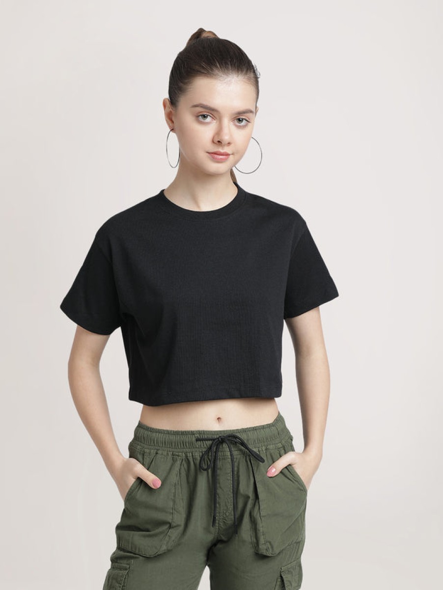 T-Shirt & Tops | Bene Kleed Women Black Cropped Solid Sustainable Tee