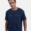 T-Shirts | Bene Kleed Men Indigo Dye Relaxed Fit Solid Woven T-Shirt With Contrast Stitch