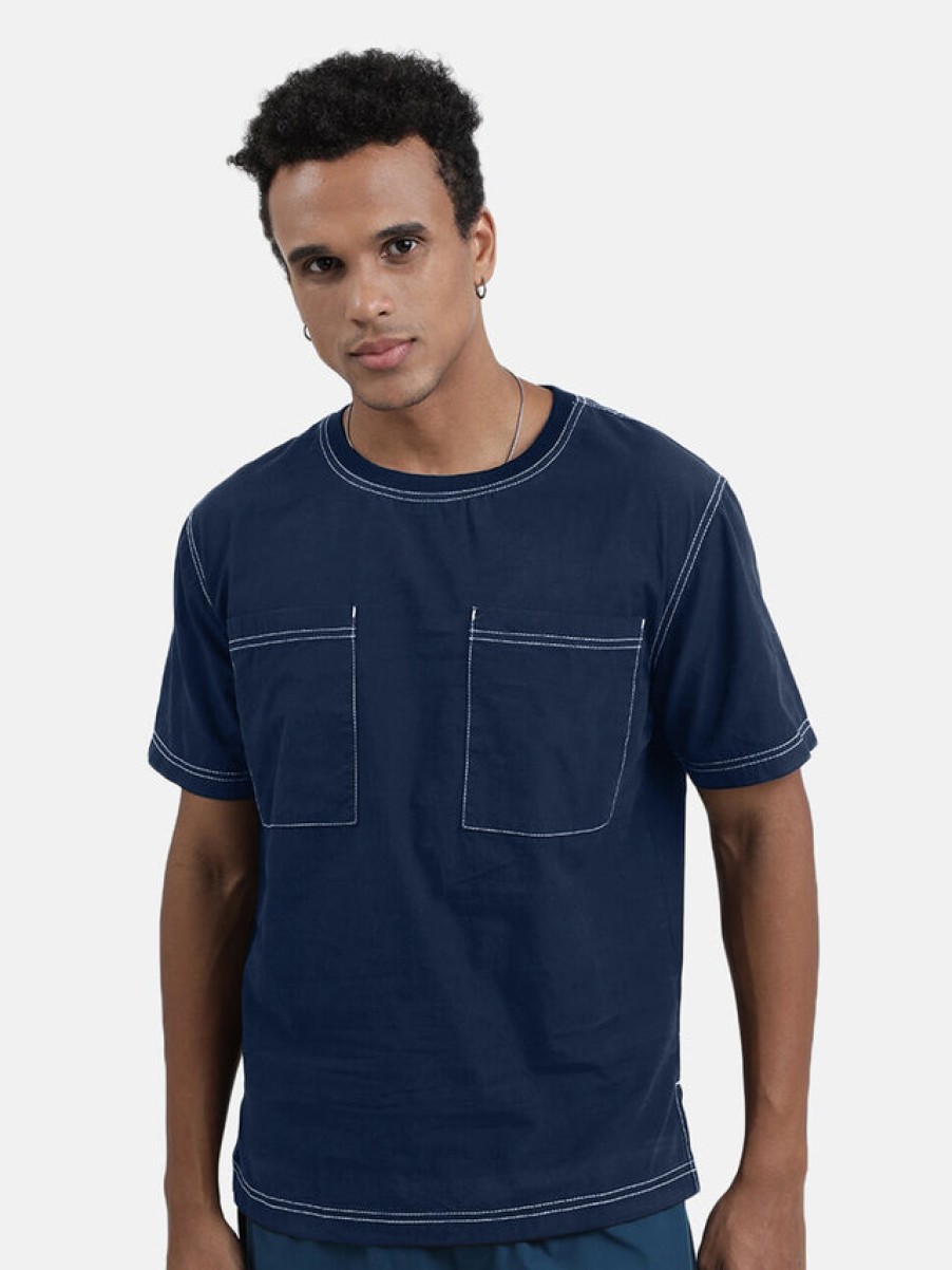 T-Shirts | Bene Kleed Men Indigo Dye Relaxed Fit Solid Woven T-Shirt With Contrast Stitch