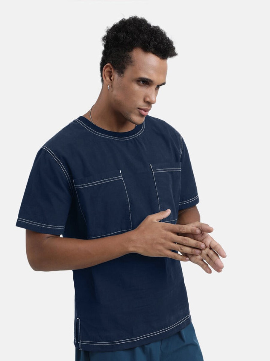 T-Shirts | Bene Kleed Men Indigo Dye Relaxed Fit Solid Woven T-Shirt With Contrast Stitch