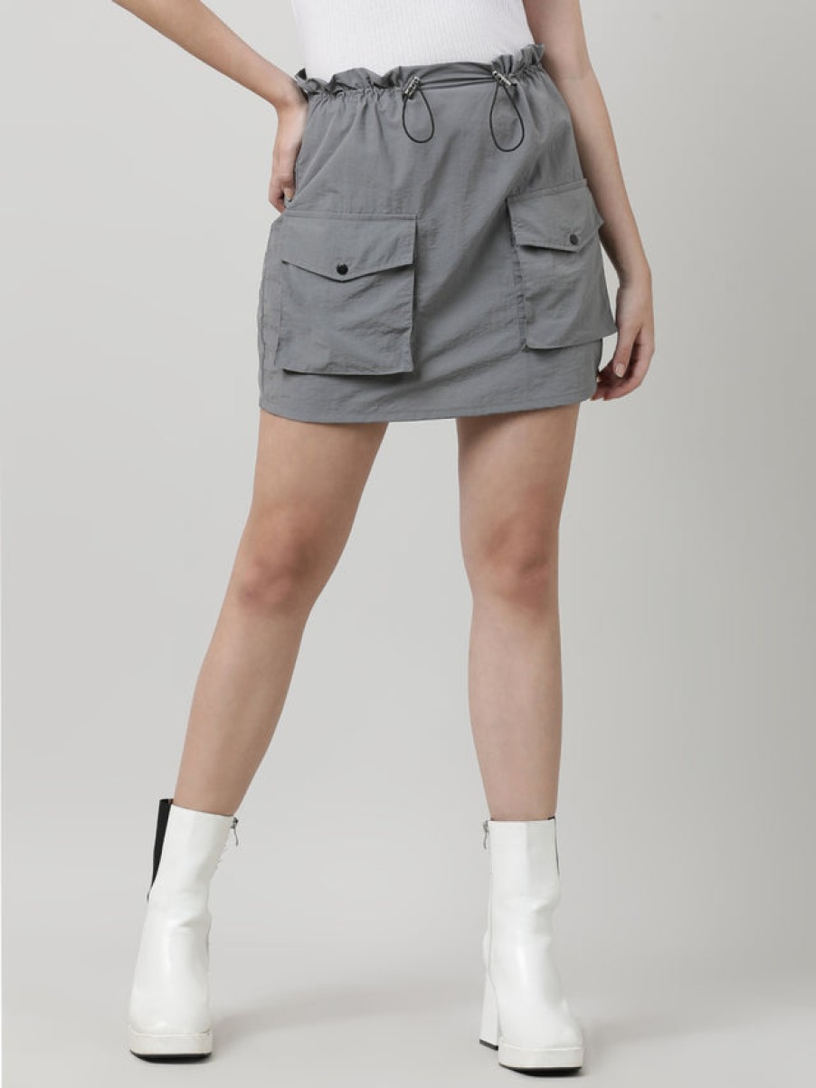 Skirts | Bene Kleed Women Light Grey Parachute Fit Solid Mini Skirt With Elasticated Waist