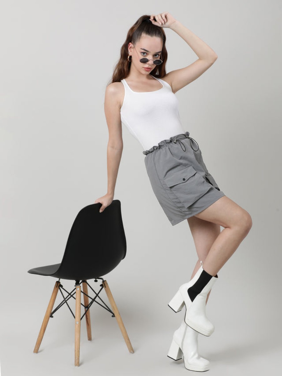 Skirts | Bene Kleed Women Light Grey Parachute Fit Solid Mini Skirt With Elasticated Waist