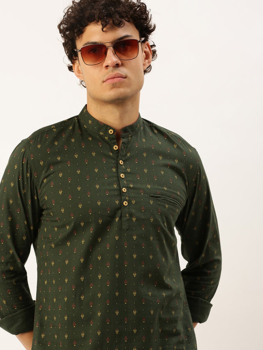 Kurtas | IVOC Men Green Slim Fit Printed Kurta