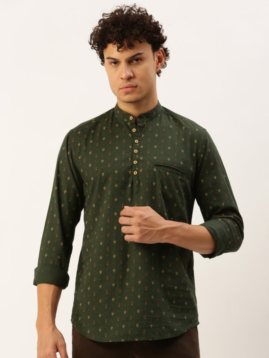 Kurtas | IVOC Men Green Slim Fit Printed Kurta