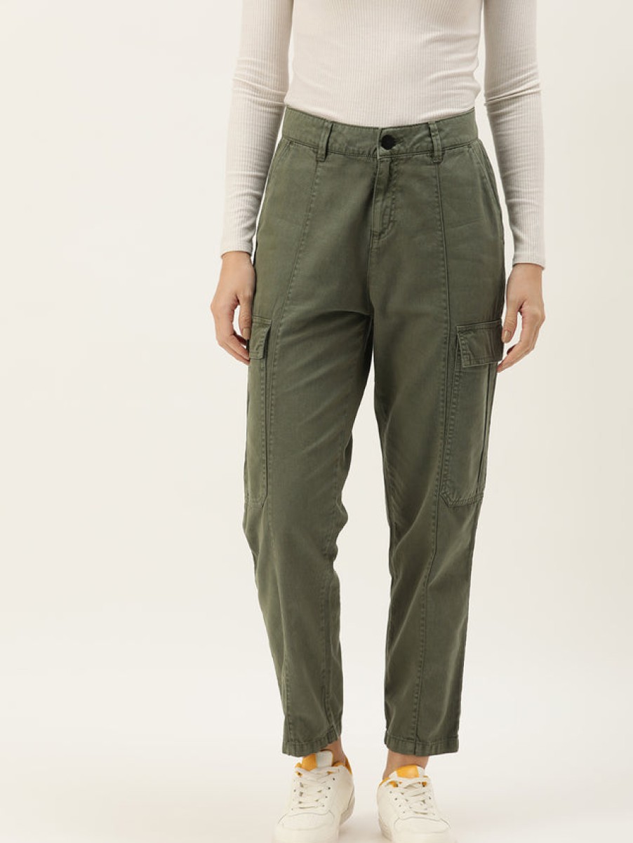 Cargos & Joggers | IVOC Women Green Regular Fit Solid Casual Cargo Trousers