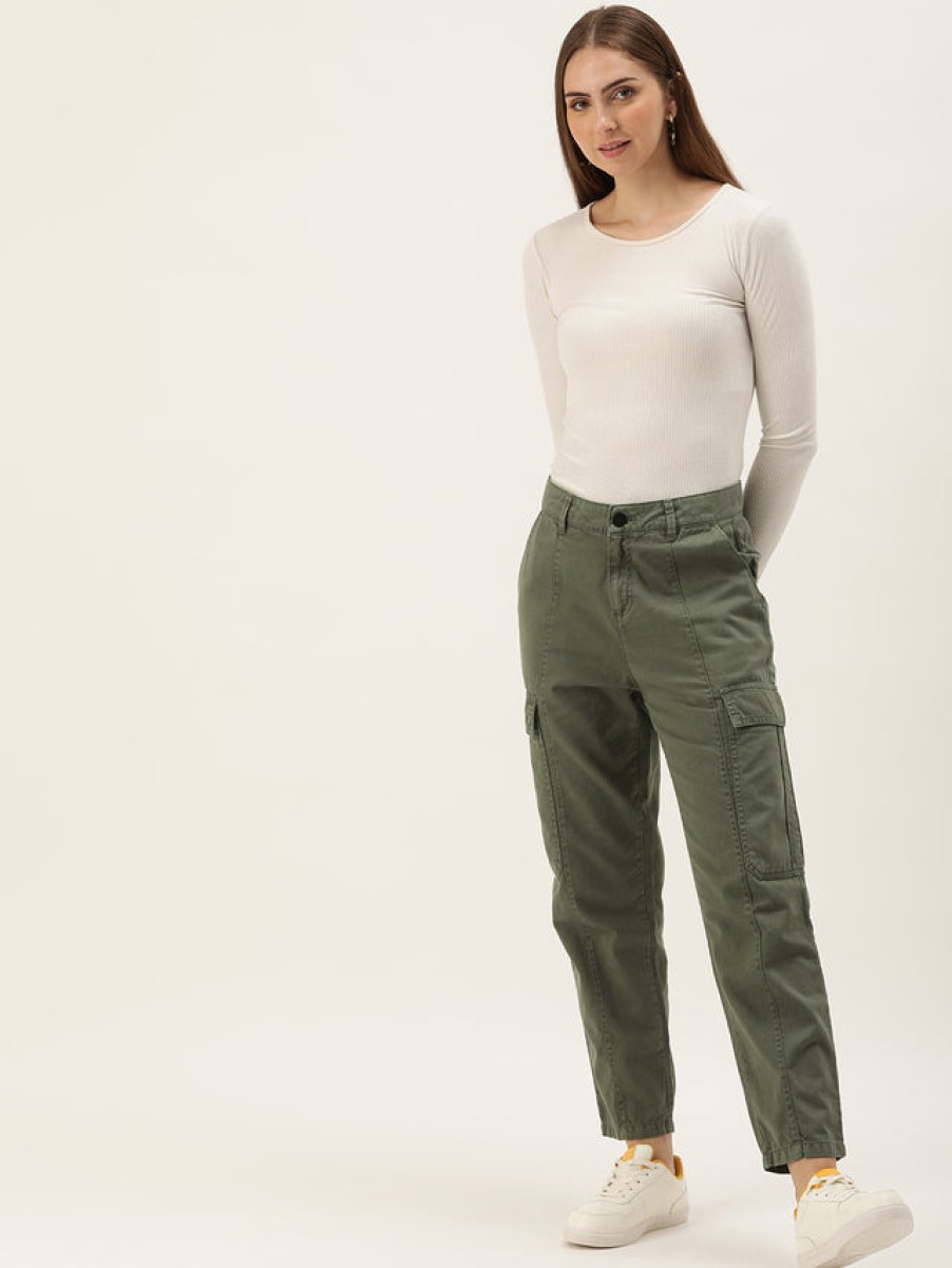 Cargos & Joggers | IVOC Women Green Regular Fit Solid Casual Cargo Trousers