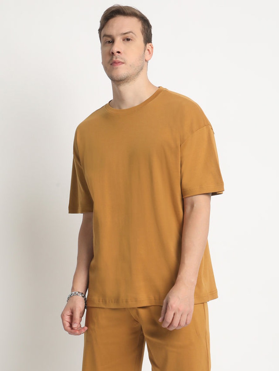 T-Shirts | Bene Kleed Men Light Brown Oversized Solid Interlock T-Shirt