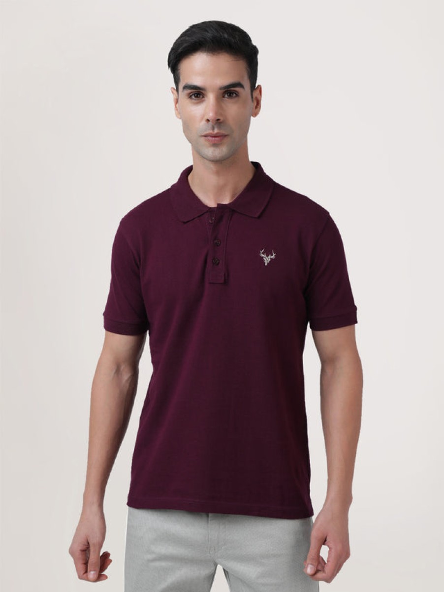 T-Shirts | IVOC Men Burgundy Regular Fit Polo T-Shirt With Chest Embroidery