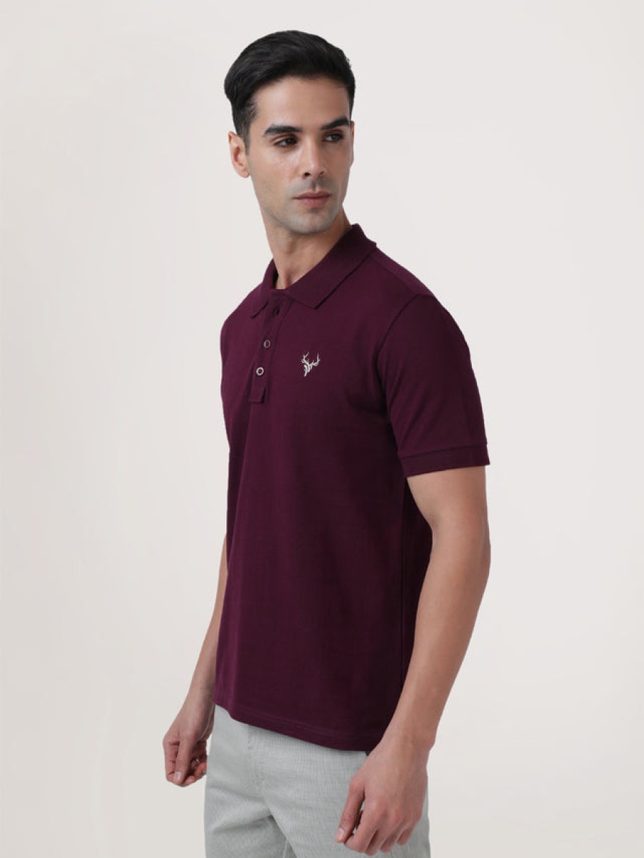 T-Shirts | IVOC Men Burgundy Regular Fit Polo T-Shirt With Chest Embroidery