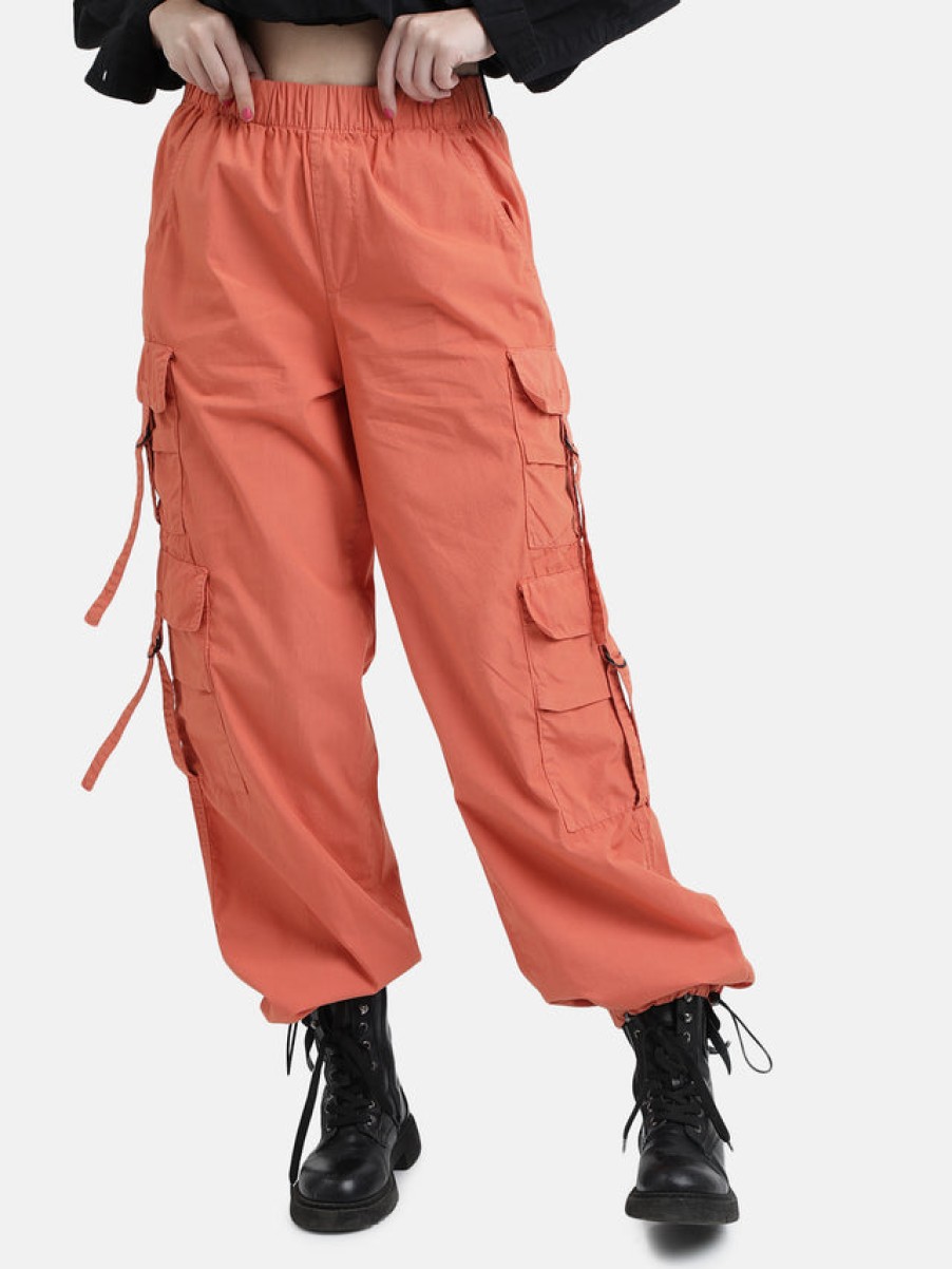 Cargos & Joggers | Bene Kleed Women Orange High-Rise Overdyed Parachute Fit Cargo Trousers