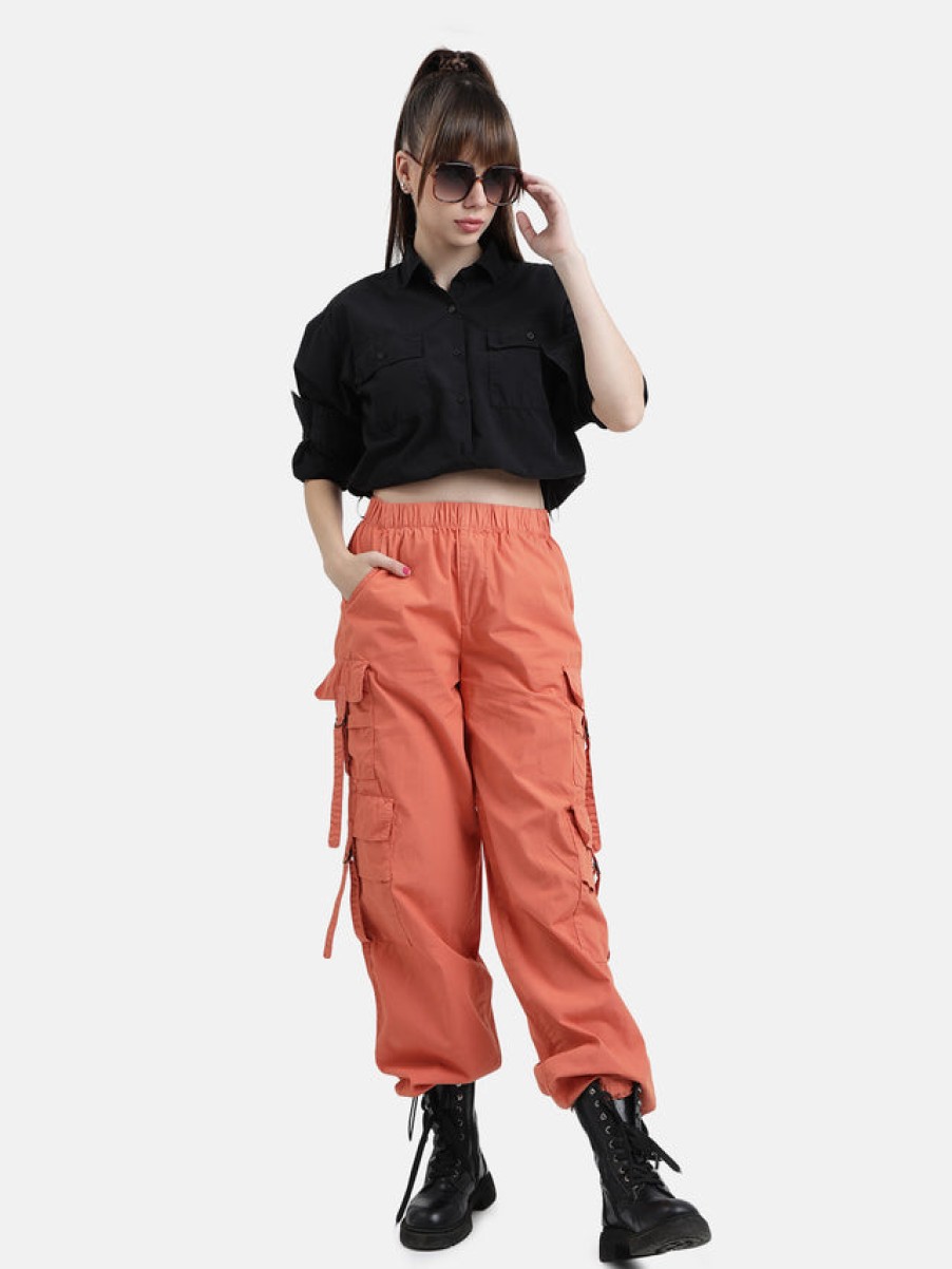 Cargos & Joggers | Bene Kleed Women Orange High-Rise Overdyed Parachute Fit Cargo Trousers