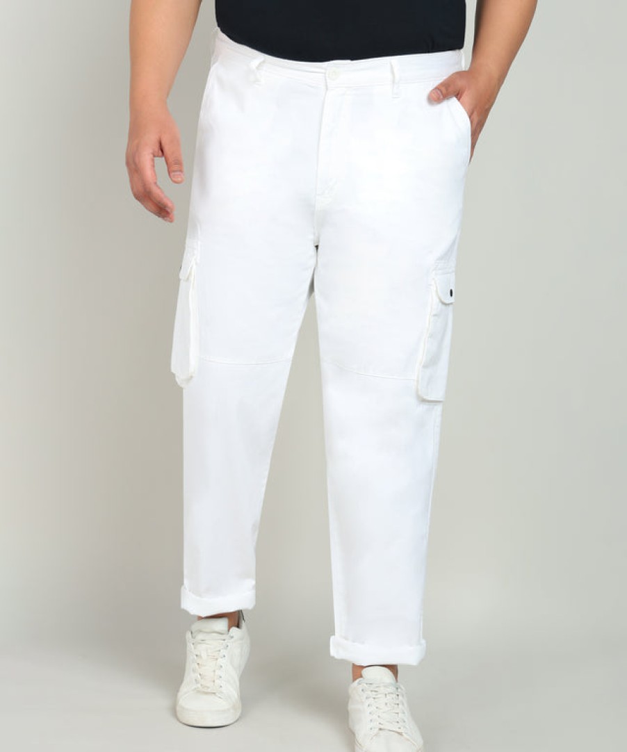 Cargos & Joggers | IVOC Plus Men White Regular Fit Solid Cotton Cargo Trouser With Snap Button