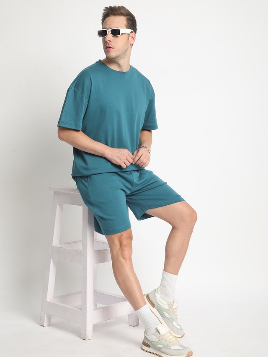 Co-Ords Sets | Bene Kleed Men Teal Pure Cotton Solid T-Shirt With Shorts Co-Ords