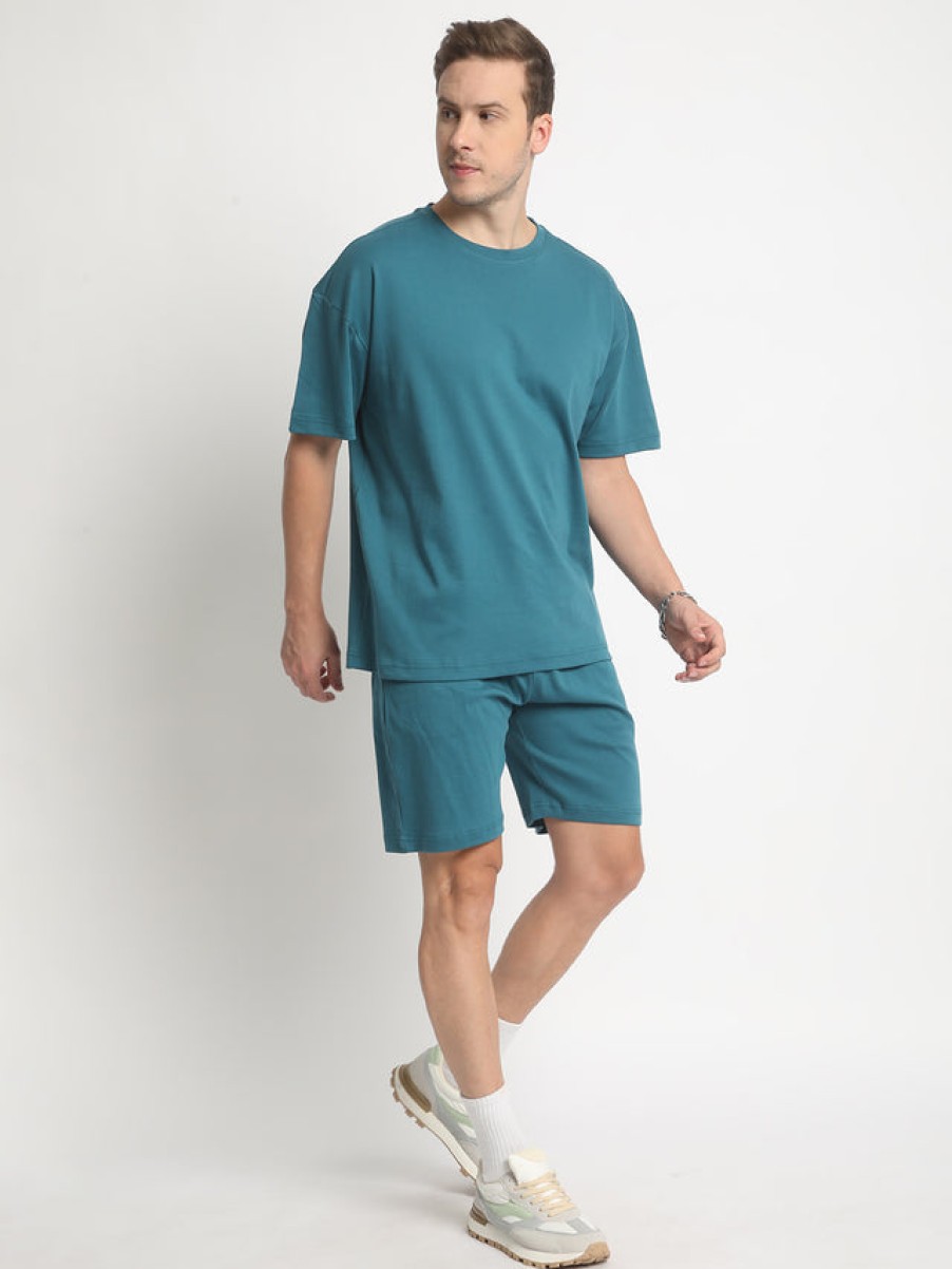 Co-Ords Sets | Bene Kleed Men Teal Pure Cotton Solid T-Shirt With Shorts Co-Ords