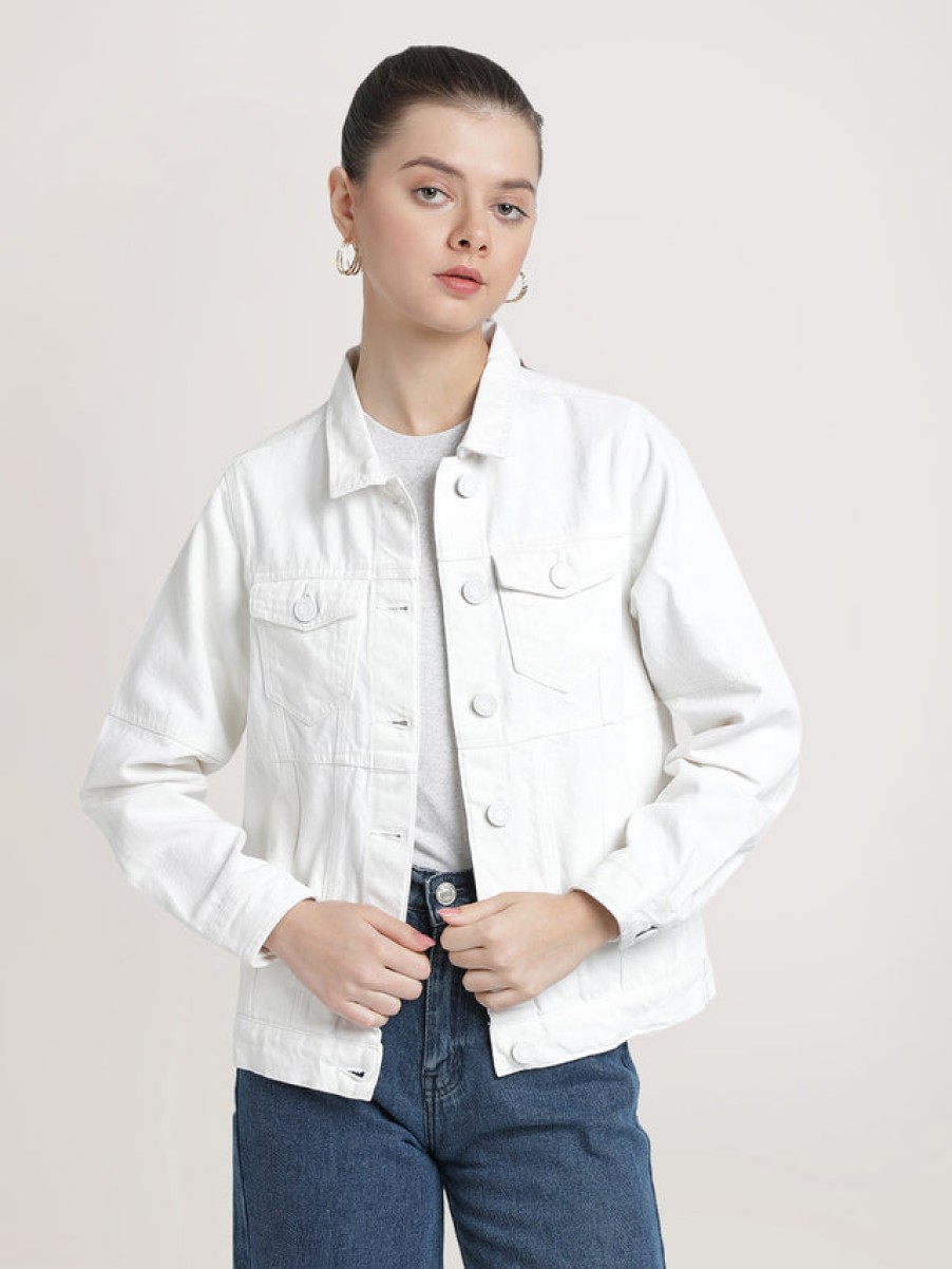 Jackets | Bene Kleed Women White Slim Fit Solid Denim Jacket