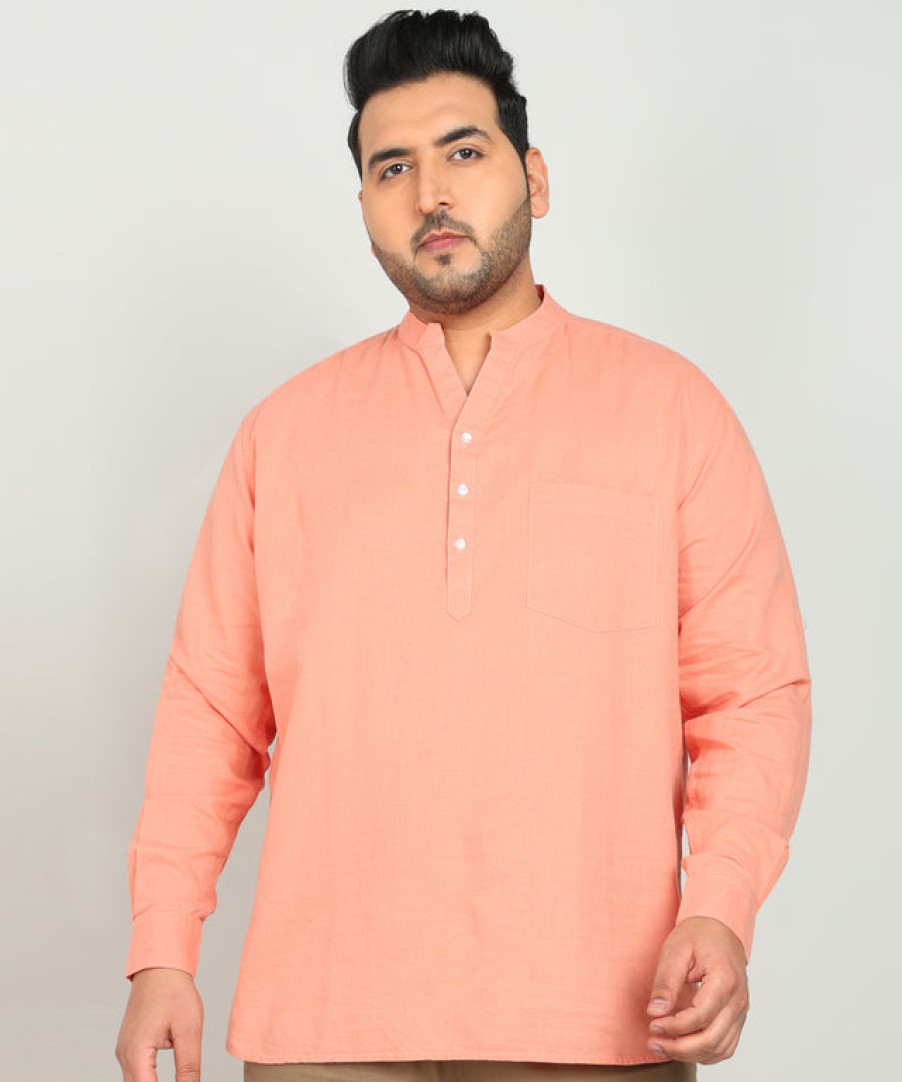 Kurtas | IVOC Plus Men Pastel Orange Cotton Linen Mandarin Collar Casual Kurta