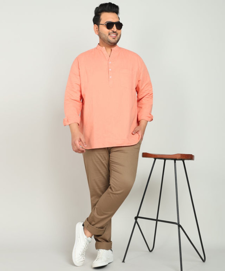 Kurtas | IVOC Plus Men Pastel Orange Cotton Linen Mandarin Collar Casual Kurta