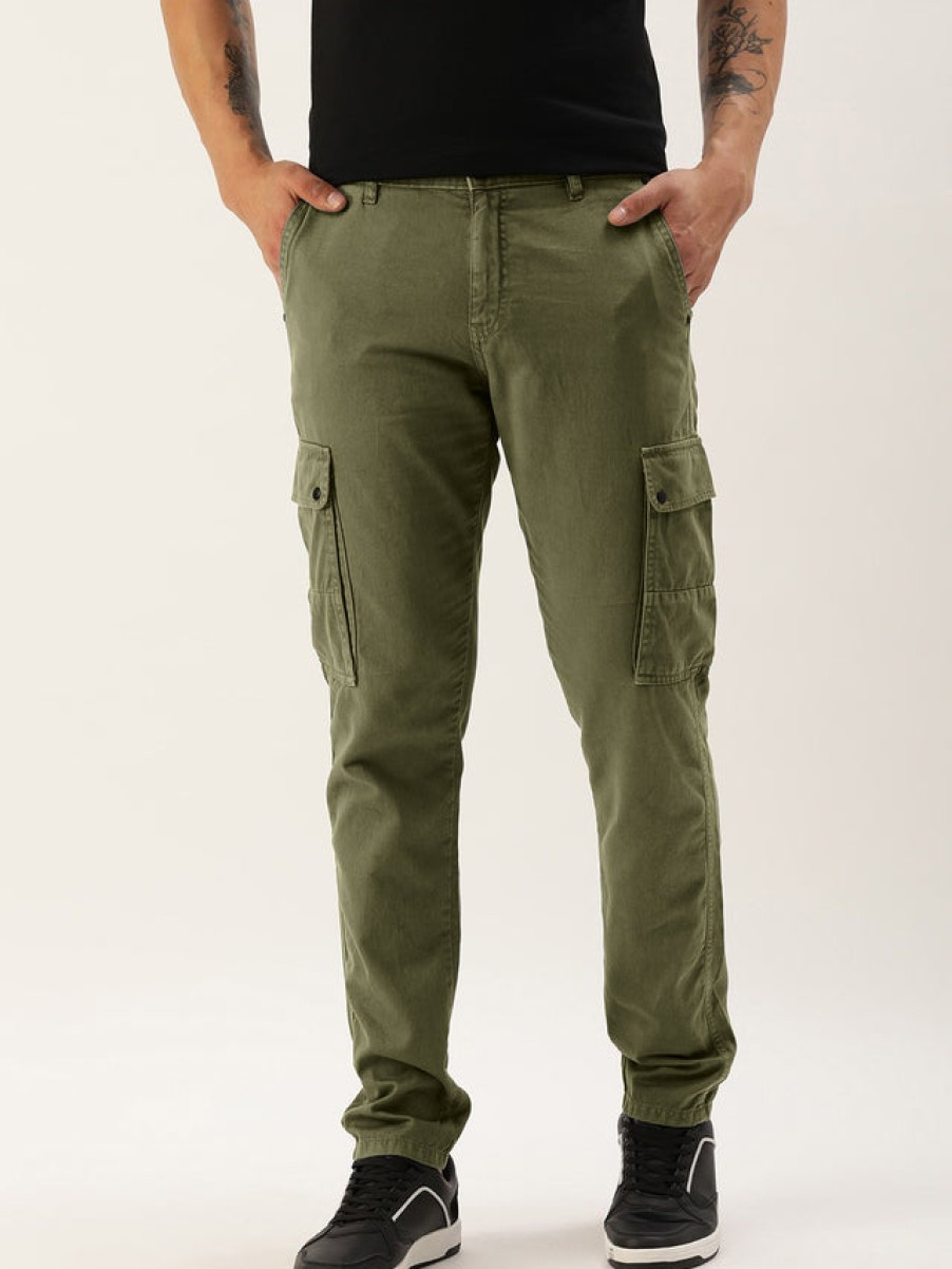 Cargos & Joggers | IVOC Men Olive Pure Cotton Solid Cargo Trousers With Snap Button