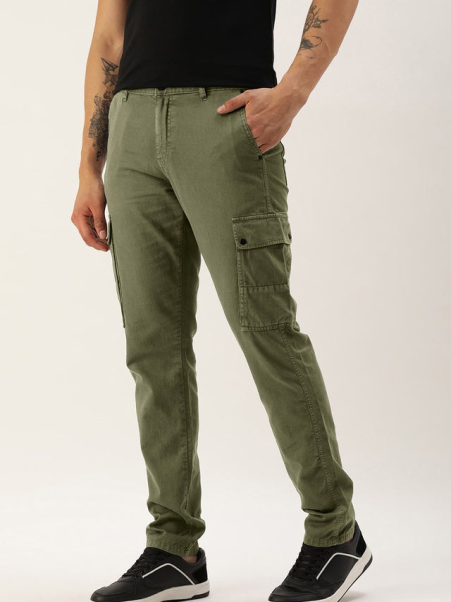 Cargos & Joggers | IVOC Men Olive Pure Cotton Solid Cargo Trousers With Snap Button