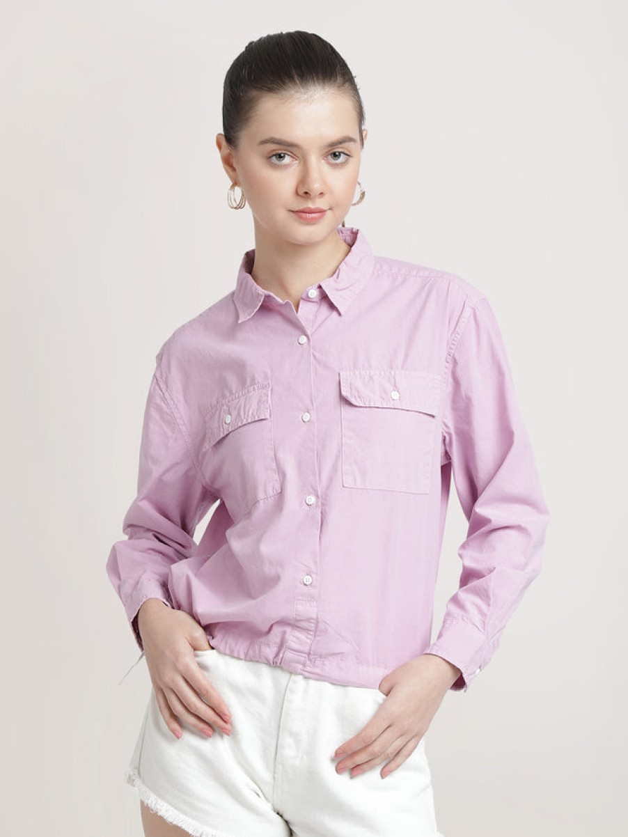 Casual Shirts | Bene Kleed Women Soft Lilac Overdyed Cotton Boxy Fit Solid Casual Shirt