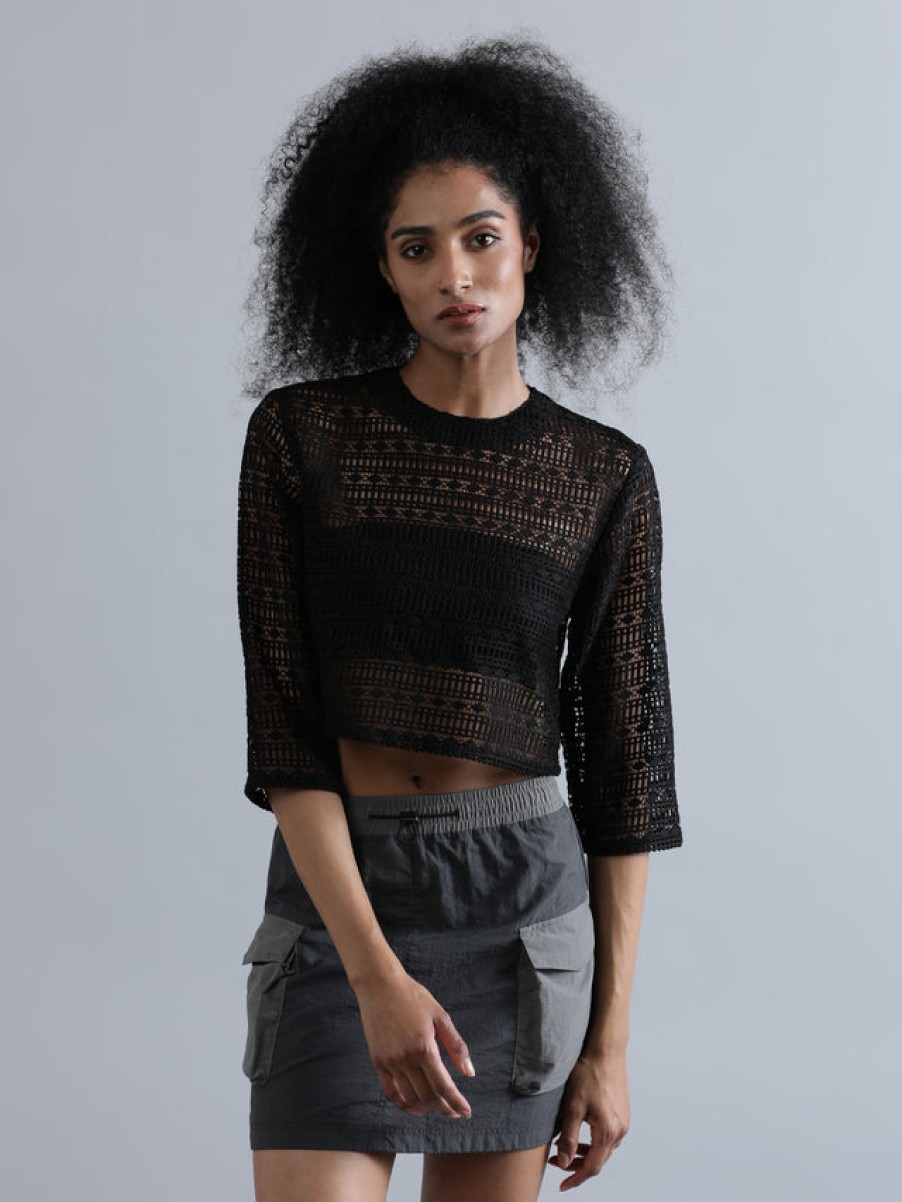 T-Shirt & Tops | Bene Kleed Women Black Regular Fit Full Sleeves Solid Cropped Lace Shirt