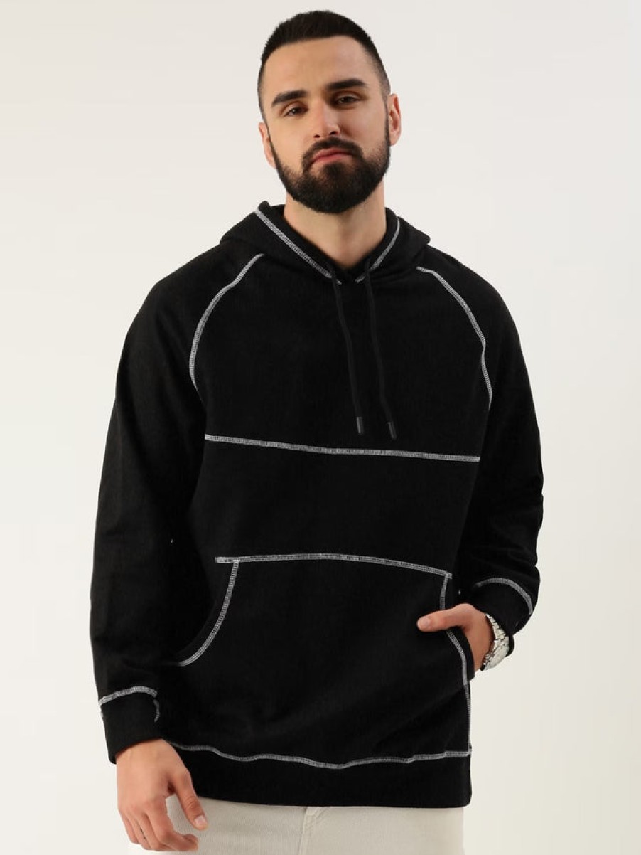 Sweatshirts | Bene Kleed Men Black Oversized Contrast Stitch Solid Hooded Sweatshirt