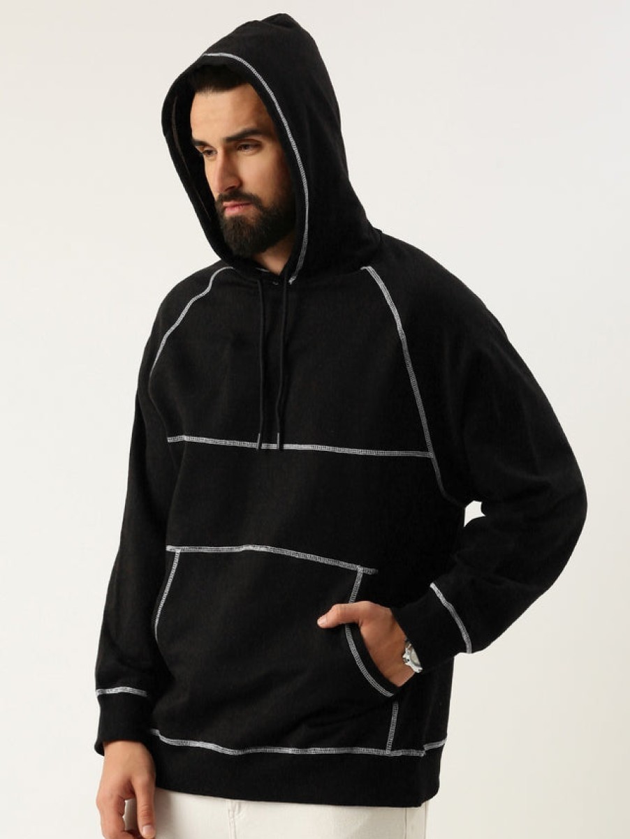 Sweatshirts | Bene Kleed Men Black Oversized Contrast Stitch Solid Hooded Sweatshirt