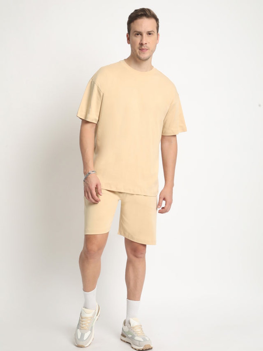 Co-Ords Sets | Bene Kleed Men Beige Pure Cotton Solid T-Shirt With Shorts Co-Ords Set