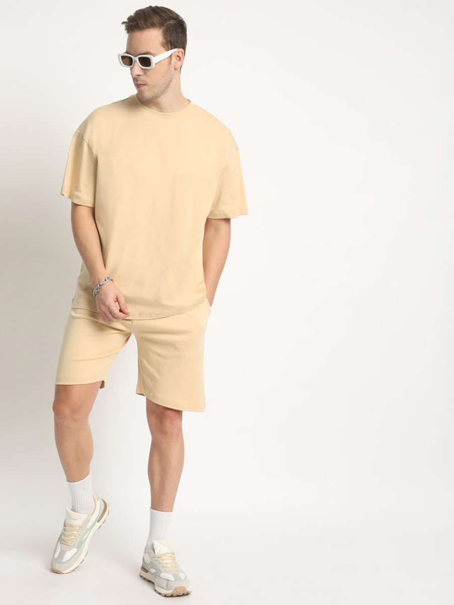 Co-Ords Sets | Bene Kleed Men Beige Pure Cotton Solid T-Shirt With Shorts Co-Ords Set