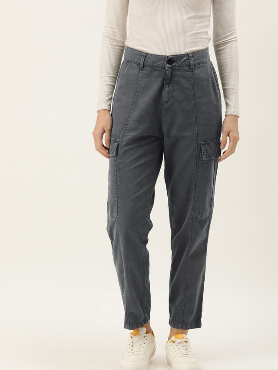 Cargos & Joggers | IVOC Women Iron Grey Regular Fit Paneled Solid Cargo Trousers