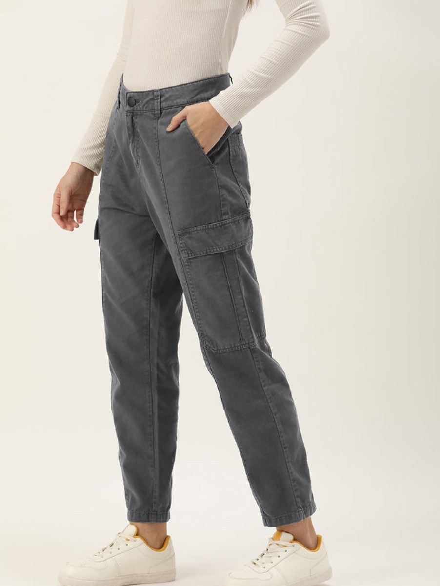 Cargos & Joggers | IVOC Women Iron Grey Regular Fit Paneled Solid Cargo Trousers