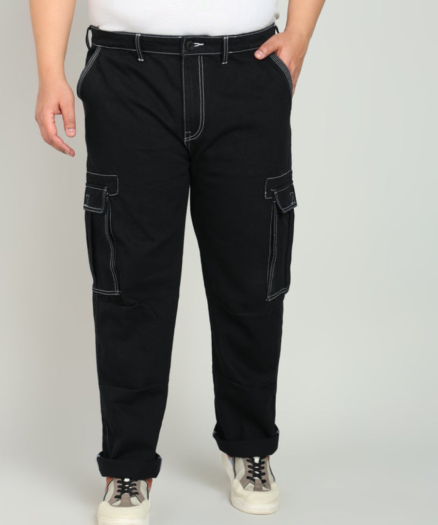 Jeans | Bene Kleed Plus Men Black Regular Fit Cargo Jeans With Contrast Stitch