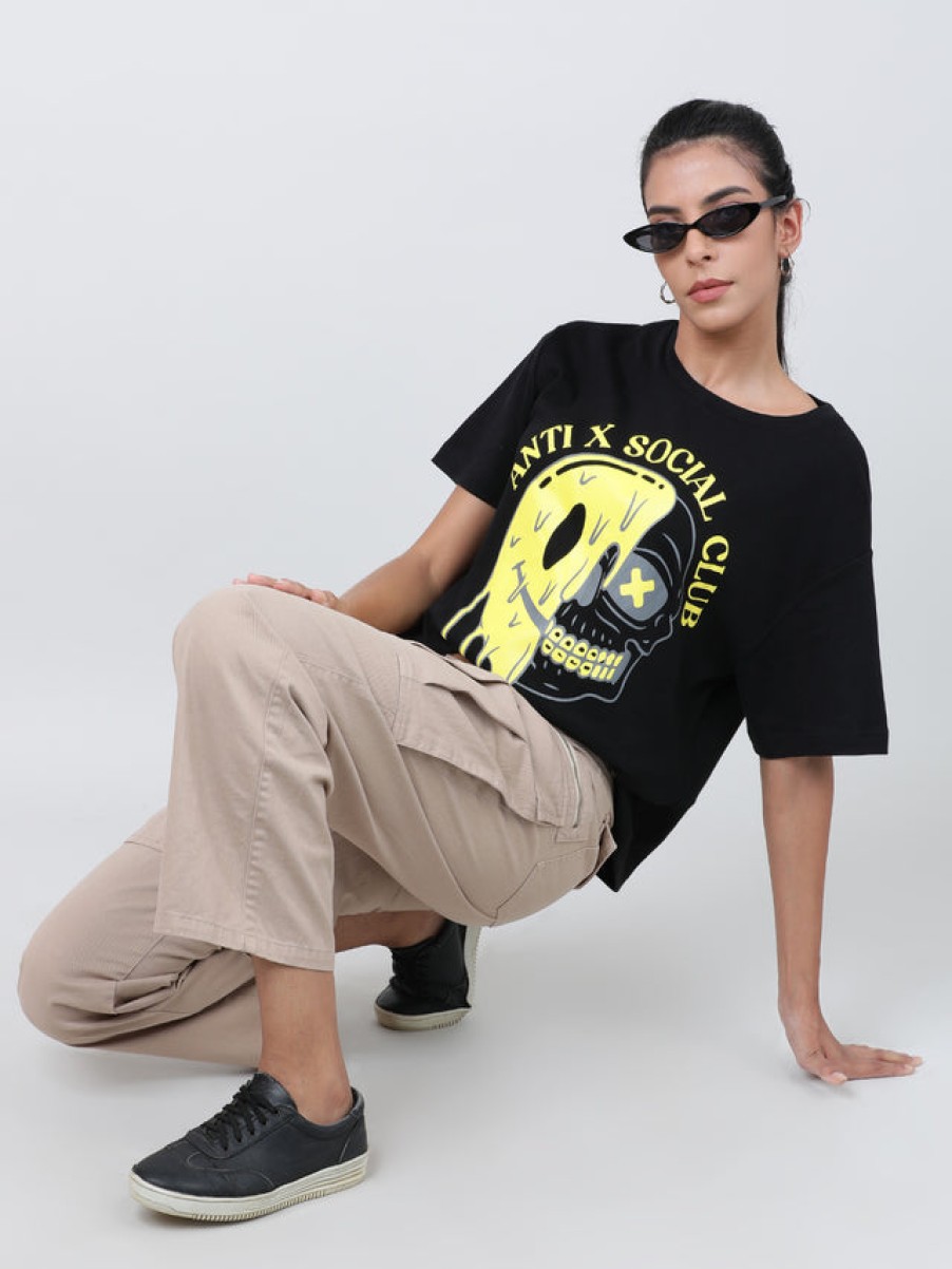 T-Shirt & Tops | Bene Kleed Women Black Graphic Print Oversized T-Shirt