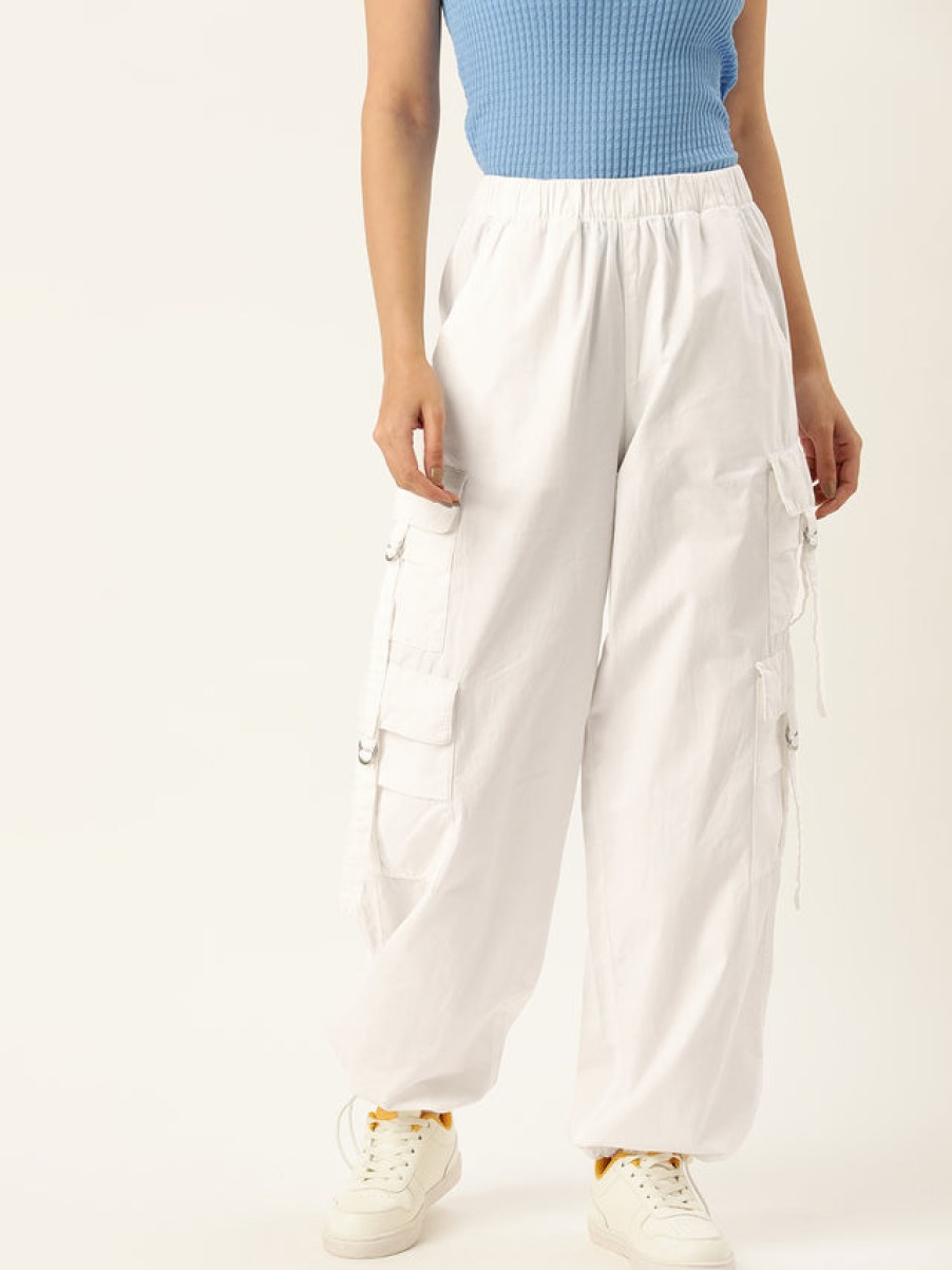 Cargos & Joggers | Bene Kleed Women White Solid Parachute Fit Cargo Trousers