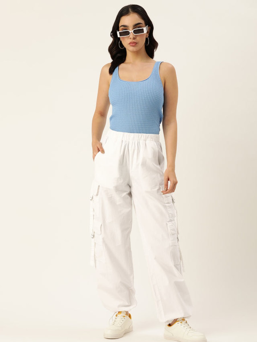 Cargos & Joggers | Bene Kleed Women White Solid Parachute Fit Cargo Trousers