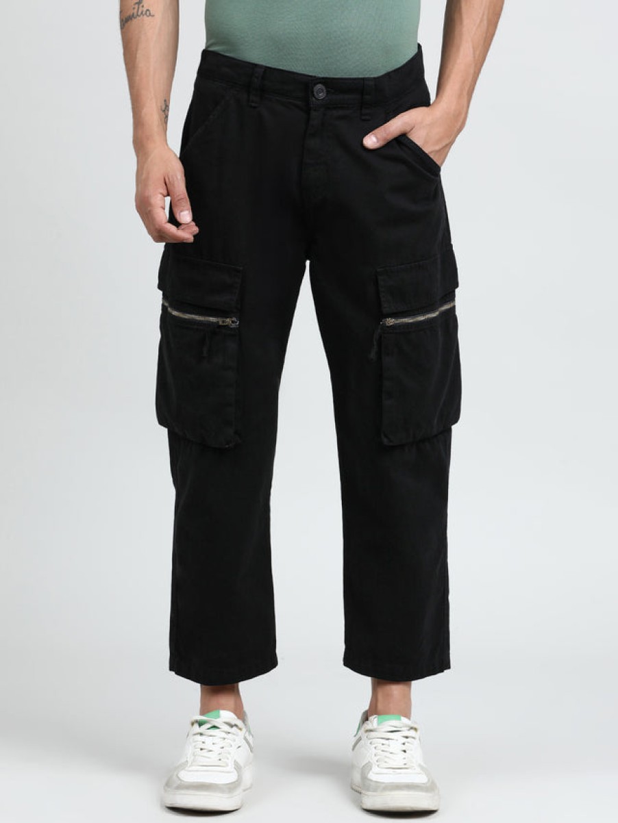 Cargos & Joggers | Bene Kleed Men Black Cropped Loose Fit Cargo Trousers With Zipper Detail