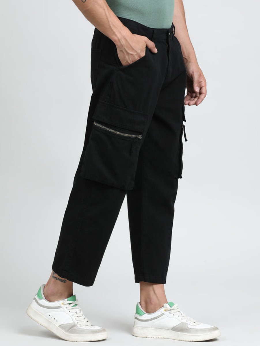 Cargos & Joggers | Bene Kleed Men Black Cropped Loose Fit Cargo Trousers With Zipper Detail